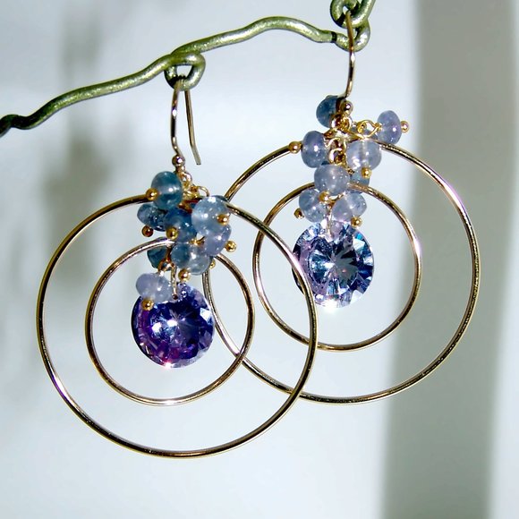 14k Gold Filled Tanzanite Quartz Rondelles Hoop Earrings Gemstone Earrings - Picture 4 of 6